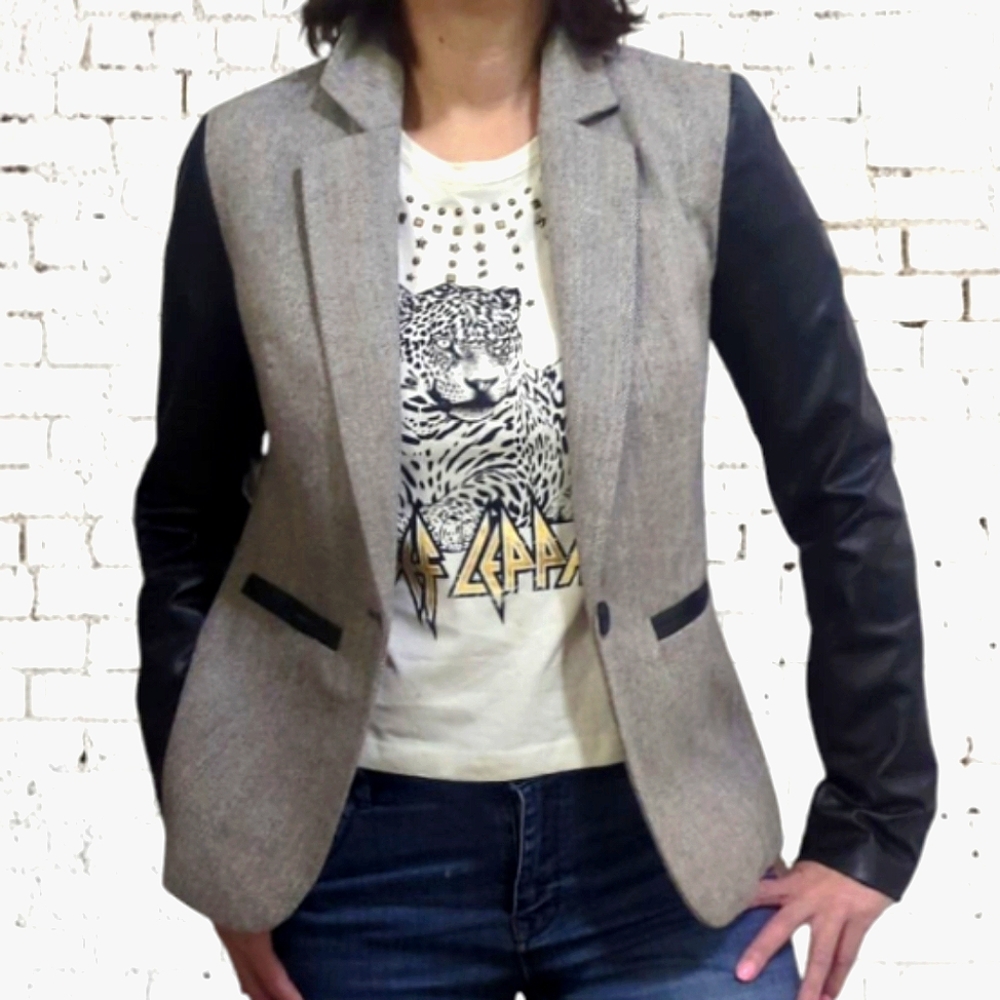 SUZY SHIER Tweed Blazer Jacket With  Faux Leather Sleeve ~ Like New